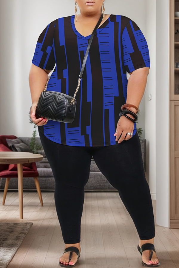 Dark Apricot Print V Neck Short Sleeve Oversize T-shirt And Skinny Pants Casual Plus Size Two Pieces Trouser Set