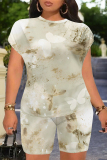 Light Casual Flowers Gradient Print Pocket O Neck Short Sleeve Oversize T-Shirt And Shorts Two Pieces Shorts Sets