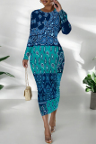Orange Geometric Print O Neck Long Sleeve Formal Office Casual Outing Bodycon Maxi Dresses