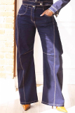 Dark Blue Mid Waist Casual Straight Wide Leg Denim Jeans