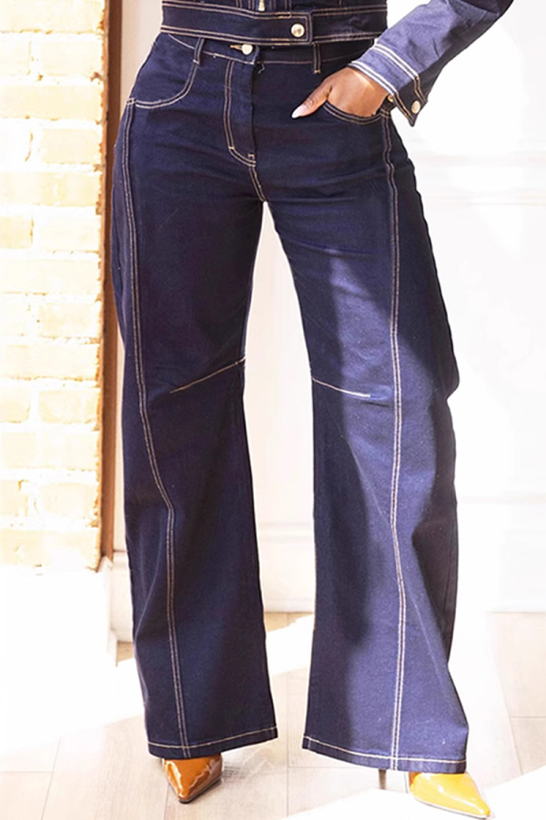 Dark Blue Mid Waist Casual Straight Wide Leg Denim Jeans
