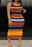 Red Striped Print Sleeveless O Neck Long Casual Vacation Plus Size Bodycon Maxi Tank Dresses