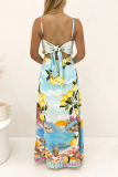 Light Blue Fruit Print Sleeveless Square Neck Lace Up Vacation Loose Maxi Slip Dresses
