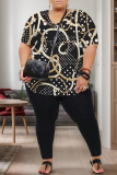 Dark Apricot Print V Neck Short Sleeve Oversize T-shirt And Skinny Pants Casual Plus Size Two Pieces Trouser Set