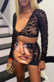 Green Figure Print Hight Waist Night Club Mini Skirt