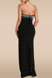 Black Backless Strapless Slit Beading Formal Evening Party Prom Tube Maxi Dresses