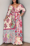 Black Graffiti Print V Neck 3/4 Sleeve Lace Up Casual Outing Plus Size Straight Loose Maxi Dresses