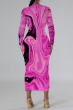 Orange Geometric Print O Neck Long Sleeve Formal Office Casual Outing Bodycon Maxi Dresses