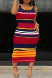 Red Striped Print Sleeveless O Neck Long Casual Vacation Plus Size Bodycon Maxi Tank Dresses