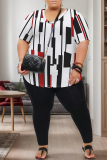 Dark Apricot Print V Neck Short Sleeve Oversize T-shirt And Skinny Pants Casual Plus Size Two Pieces Trouser Set
