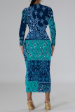 Orange Geometric Print O Neck Long Sleeve Formal Office Casual Outing Bodycon Maxi Dresses