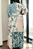 Black Graffiti Print V Neck 3/4 Sleeve Lace Up Casual Outing Plus Size Straight Loose Maxi Dresses