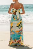 Light Blue Fruit Print Sleeveless Square Neck Lace Up Vacation Loose Maxi Slip Dresses