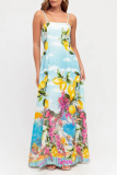 Light Blue Fruit Print Sleeveless Square Neck Lace Up Vacation Loose Maxi Slip Dresses