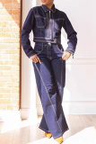 Dark Blue Mid Waist Casual Straight Wide Leg Denim Jeans
