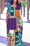 Black Graffiti Print V Neck 3/4 Sleeve Lace Up Casual Outing Plus Size Straight Loose Maxi Dresses