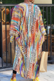Color Graphics Print Cardigan Collar Long Sleeve Vacation Chiffon Long Coat Cape