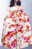 Brown Gradient Floral Print V Neck 3/4 Sleeve Lace Up Summer Outings Vacation Plus Size Loose Maxi Dress