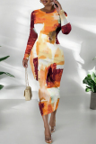 Orange Geometric Print O Neck Long Sleeve Formal Office Casual Outing Bodycon Maxi Dresses