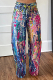 Color Splashed ink Print Mid Waist Straight Casual Wide Leg Denim Jeans