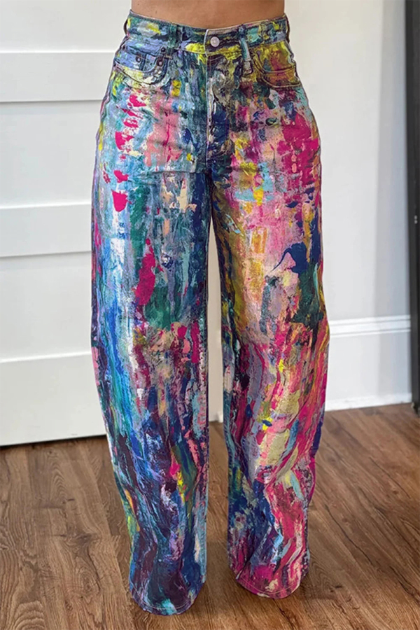 Color Splashed ink Print Mid Waist Straight Casual Wide Leg Denim Jeans