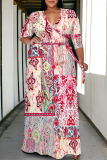 Black Graffiti Print V Neck 3/4 Sleeve Lace Up Casual Outing Plus Size Straight Loose Maxi Dresses