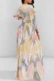 Brown Gradient Floral Print V Neck 3/4 Sleeve Lace Up Summer Outings Vacation Plus Size Loose Maxi Dress