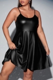 Black Backless Sleeveless Spaghetti Strap Casual Plus Size A Line Midi Slip Dresses