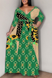 Black Graffiti Print V Neck 3/4 Sleeve Lace Up Casual Outing Plus Size Straight Loose Maxi Dresses