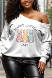 White Cartoon Print Oblique Collar Long Sleeve Casual Fall Winter Sweatshirt Tops