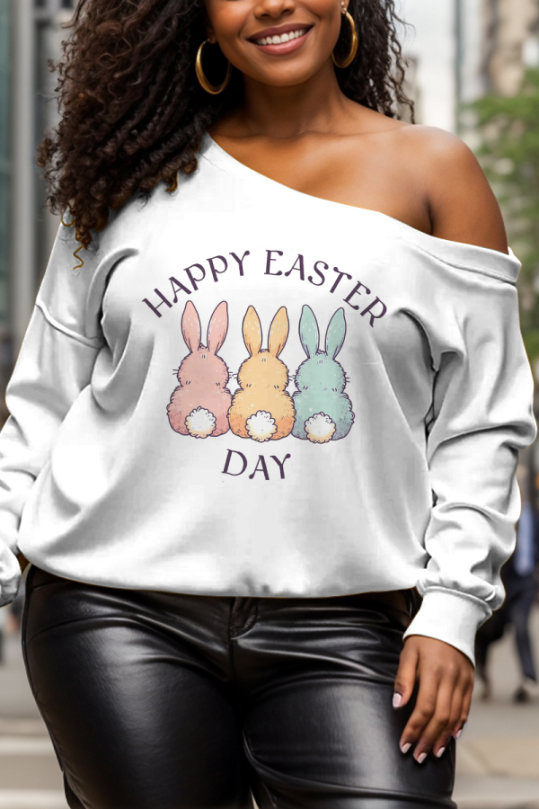White Cartoon Print Oblique Collar Long Sleeve Casual Fall Winter Sweatshirt Tops
