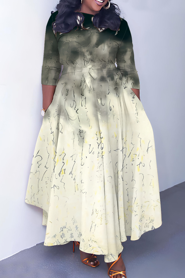 Apricot Graphics Print O Neck 3/4 Sleeve Belted Pockets Long Vacation Casual Pleated A Line Maxi Dresses