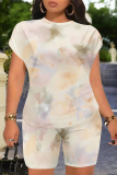 Light Casual Flowers Gradient Print Pocket O Neck Short Sleeve Oversize T-Shirt And Shorts Two Pieces Shorts Sets