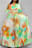 Brown Gradient Floral Print V Neck 3/4 Sleeve Lace Up Summer Outings Vacation Plus Size Loose Maxi Dress