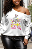 White Cartoon Print Oblique Collar Long Sleeve Casual Fall Winter Sweatshirt Tops