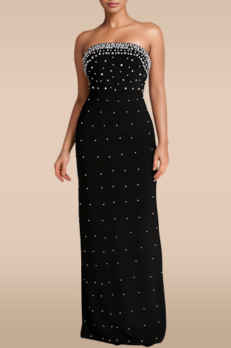 Black Backless Strapless Slit Beading Formal Evening Party Prom Tube Maxi Dresses