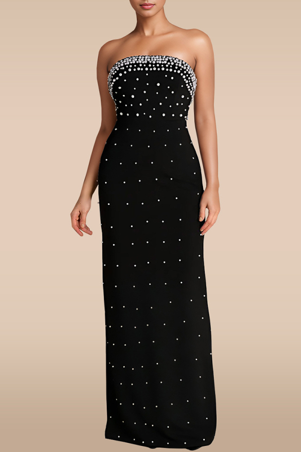 Black Backless Strapless Slit Beading Formal Evening Party Prom Tube Maxi Dresses