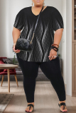 Dark Apricot Print V Neck Short Sleeve Oversize T-shirt And Skinny Pants Casual Plus Size Two Pieces Trouser Set