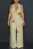 Orange Floral Print Lace Up Sleeveless Backless Loose Vacation Straight Leg Halter Jumpsuits