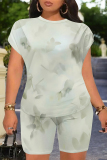 Light Casual Flowers Gradient Print Pocket O Neck Short Sleeve Oversize T-Shirt And Shorts Two Pieces Shorts Sets