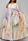 Brown Gradient Floral Print V Neck 3/4 Sleeve Lace Up Summer Outings Vacation Plus Size Loose Maxi Dress