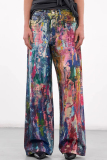 Color Splashed ink Print Mid Waist Straight Casual Wide Leg Denim Jeans