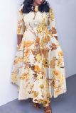 Apricot Graphics Print O Neck 3/4 Sleeve Belted Pockets Long Vacation Casual Pleated A Line Maxi Dresses