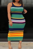 Red Striped Print Sleeveless O Neck Long Casual Vacation Plus Size Bodycon Maxi Tank Dresses