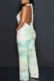 Orange Floral Print Lace Up Sleeveless Backless Loose Vacation Straight Leg Halter Jumpsuits
