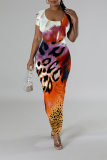 Off White Leopard Tiger Stripes Print O Neck Short Sleeve Casual Bodycon Maxi T-shirt Dress