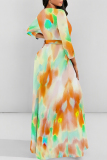 Brown Gradient Floral Print V Neck 3/4 Sleeve Lace Up Summer Outings Vacation Plus Size Loose Maxi Dress