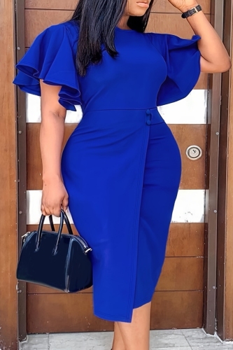 Rose Red O Neck Ruffle Sleeve Slit Casual Formal Office Lady Plus Size Bodycon Midi Dresses Rose Red O Neck Ruffle Sleeve Slit Casual Formal Office Lady Plus Size Bodycon Midi Dresses