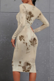 Light Brown Gradient Floral Print O Neck Long Sleeve Casual Outing Bodycon Midi Dresses