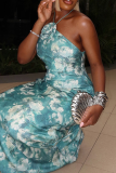 Green Floral Print Flower Shape Decor Sleeveless Vacation Halter Maxi Dresses